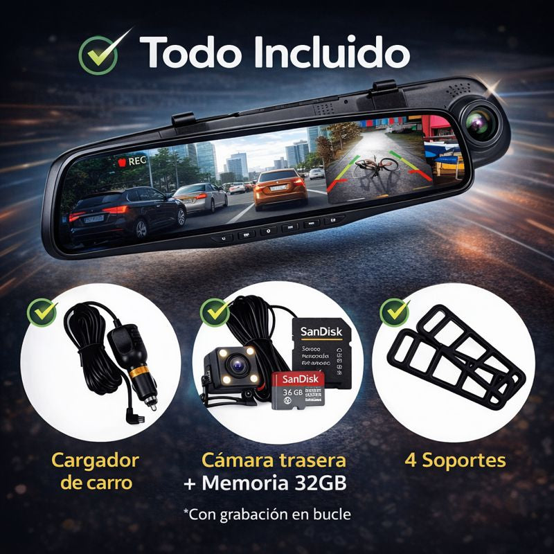 DriveGuard X™  Cámara de retrovisor dual HD, graba en todo momento.